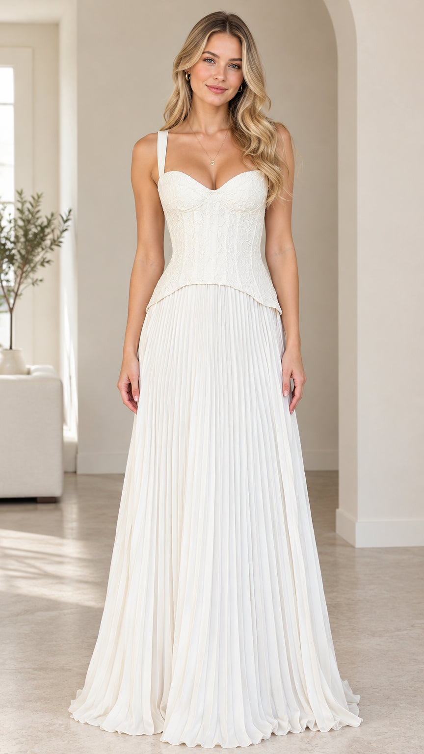 Front view of model wearing white sweetheart corset pleated maxi dress