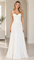 Front view of model wearing white sweetheart corset pleated maxi dress
