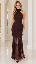 Full front view of model wearing chocolate brown halter lace fringe maxi dress