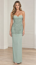 Front view of model wearing sage green strapless ruched sweetheart maxi evening dress