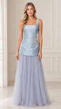 Front view of model wearing Light Blue square neck drop waist tulle evening gown