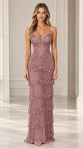 Front full-length view of woman wearing Dusty Rose tiered fringe embellished evening maxi gown