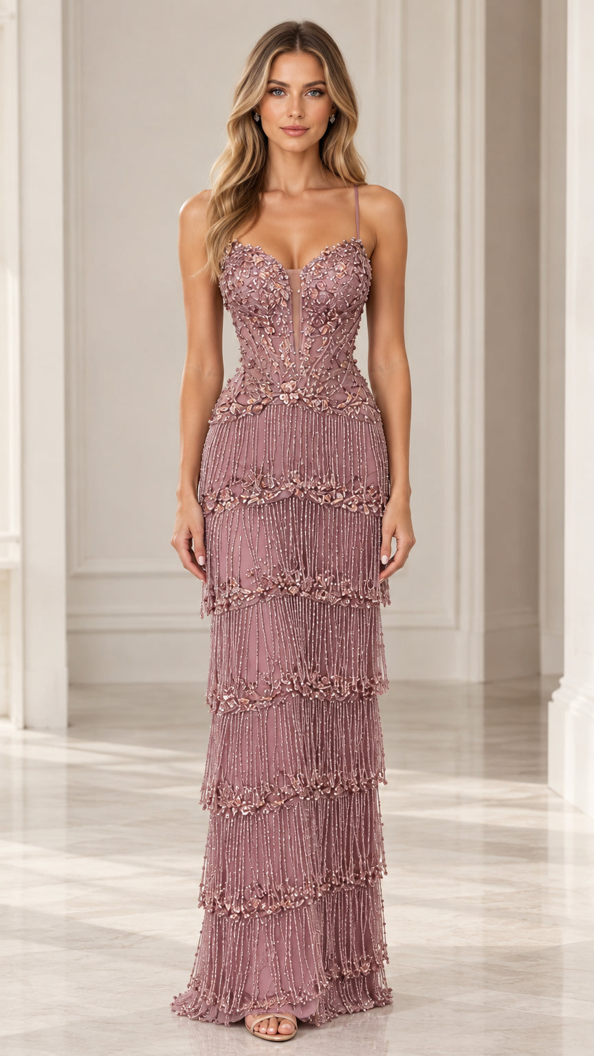 Front full-length view of woman wearing Dusty Rose tiered fringe embellished evening maxi gown