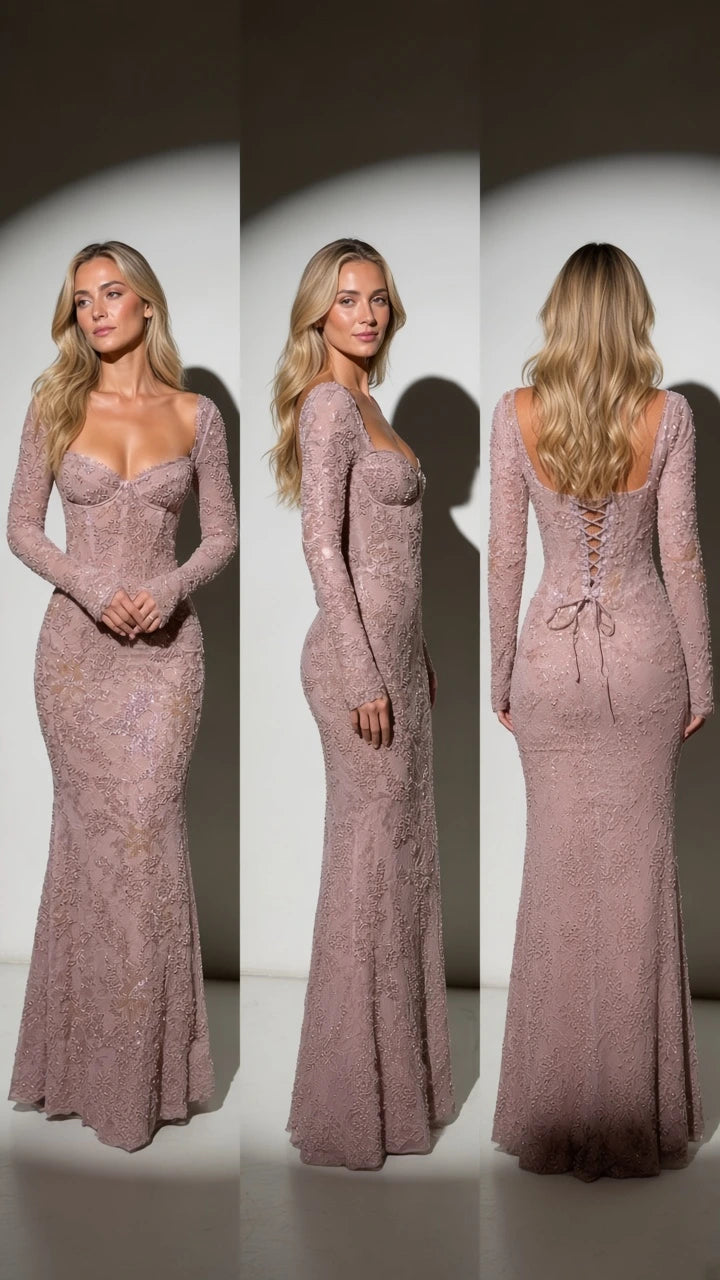 Dusty Rose long sleeve lace evening gown front and back views