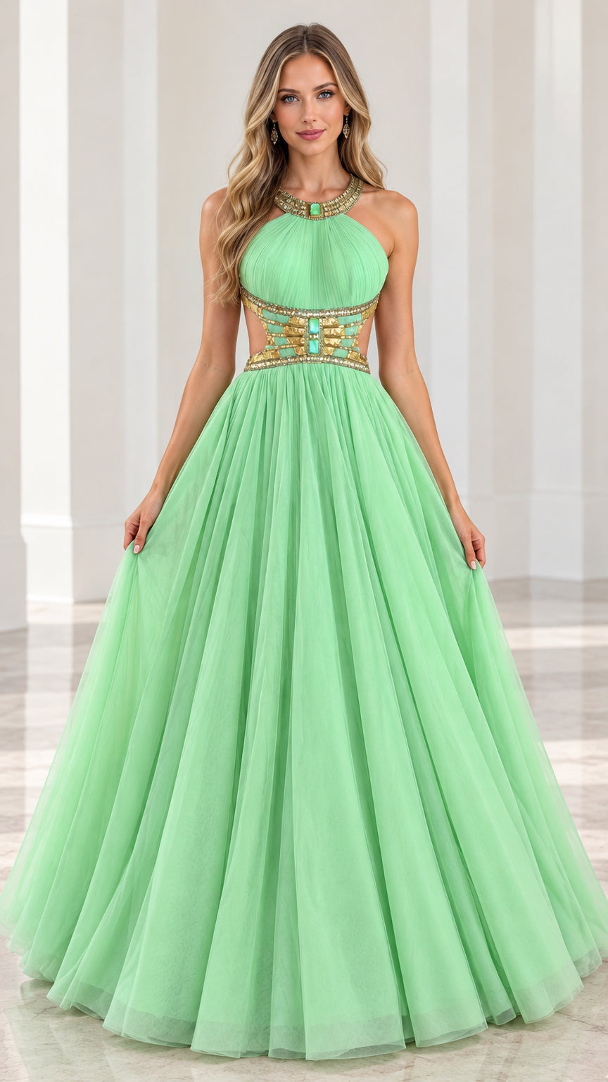 Front full-length view of model wearing mint green halter neck jeweled tulle ball gown