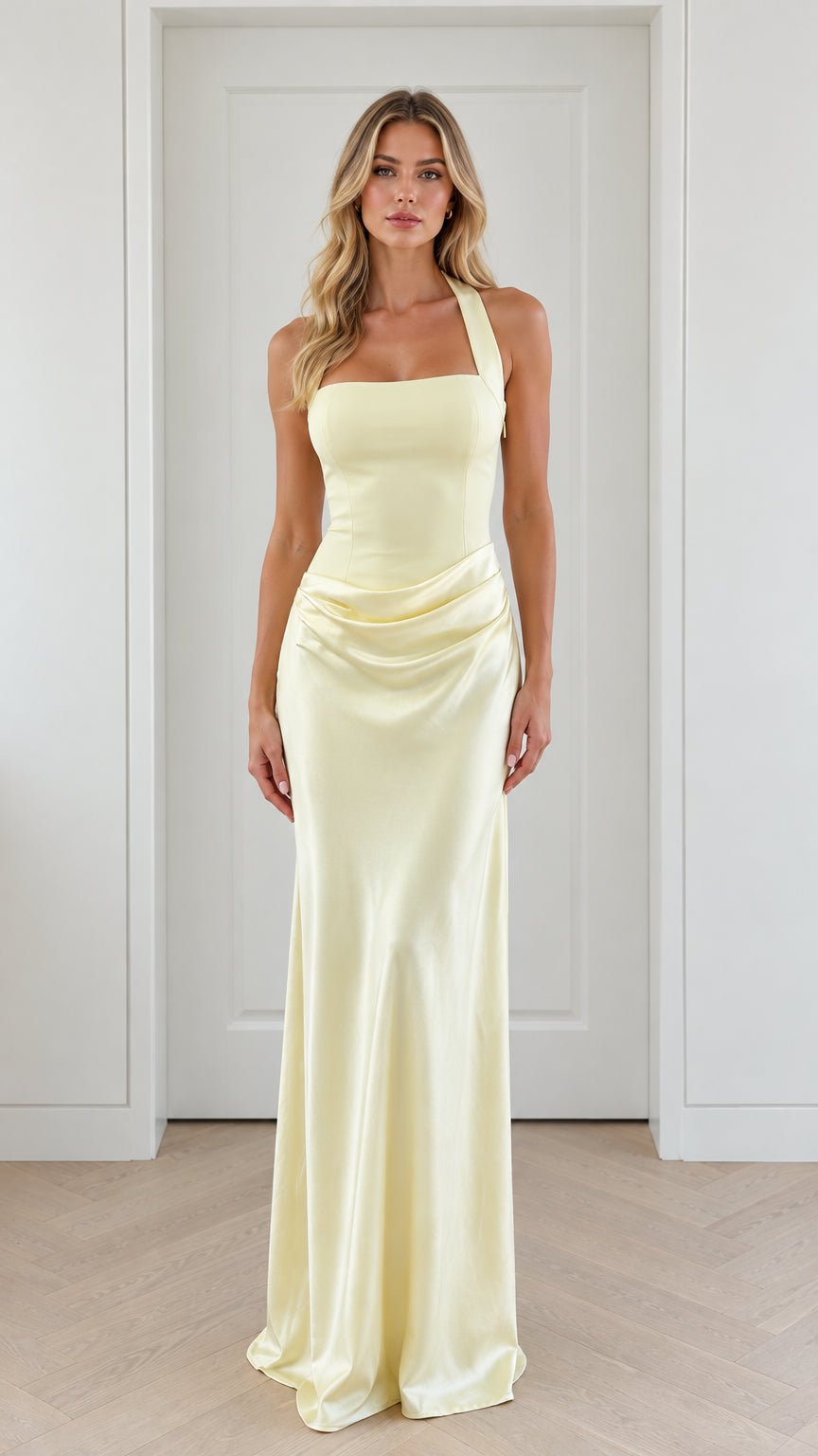 Full front view of model wearing pale yellow halter neck satin maxi evening gown