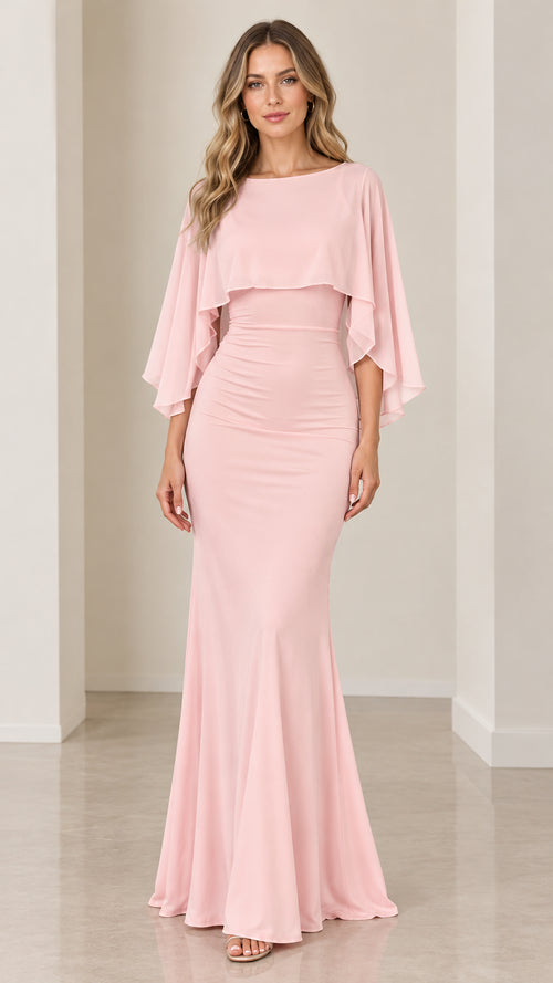 Front view of model wearing blush pink chiffon capelet ruched mermaid evening gown