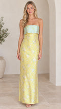 Front view of yellow and mint floral jacquard strapless maxi dress