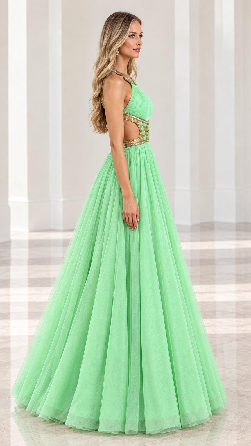 Side profile view of mint green A-line evening dress with side waist cutout