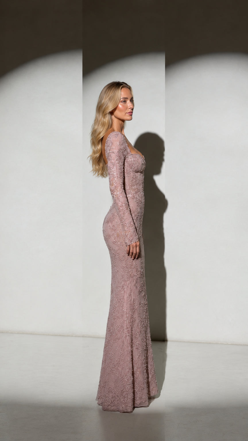 Dusty Rose long sleeve lace mermaid formal dress side profile