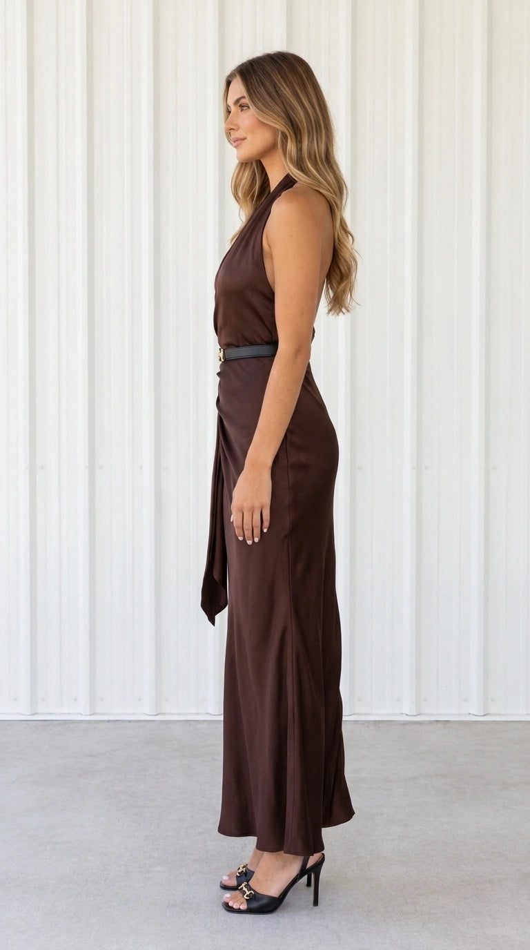 Side profile view of woman wearing chocolate brown halter satin maxi dress