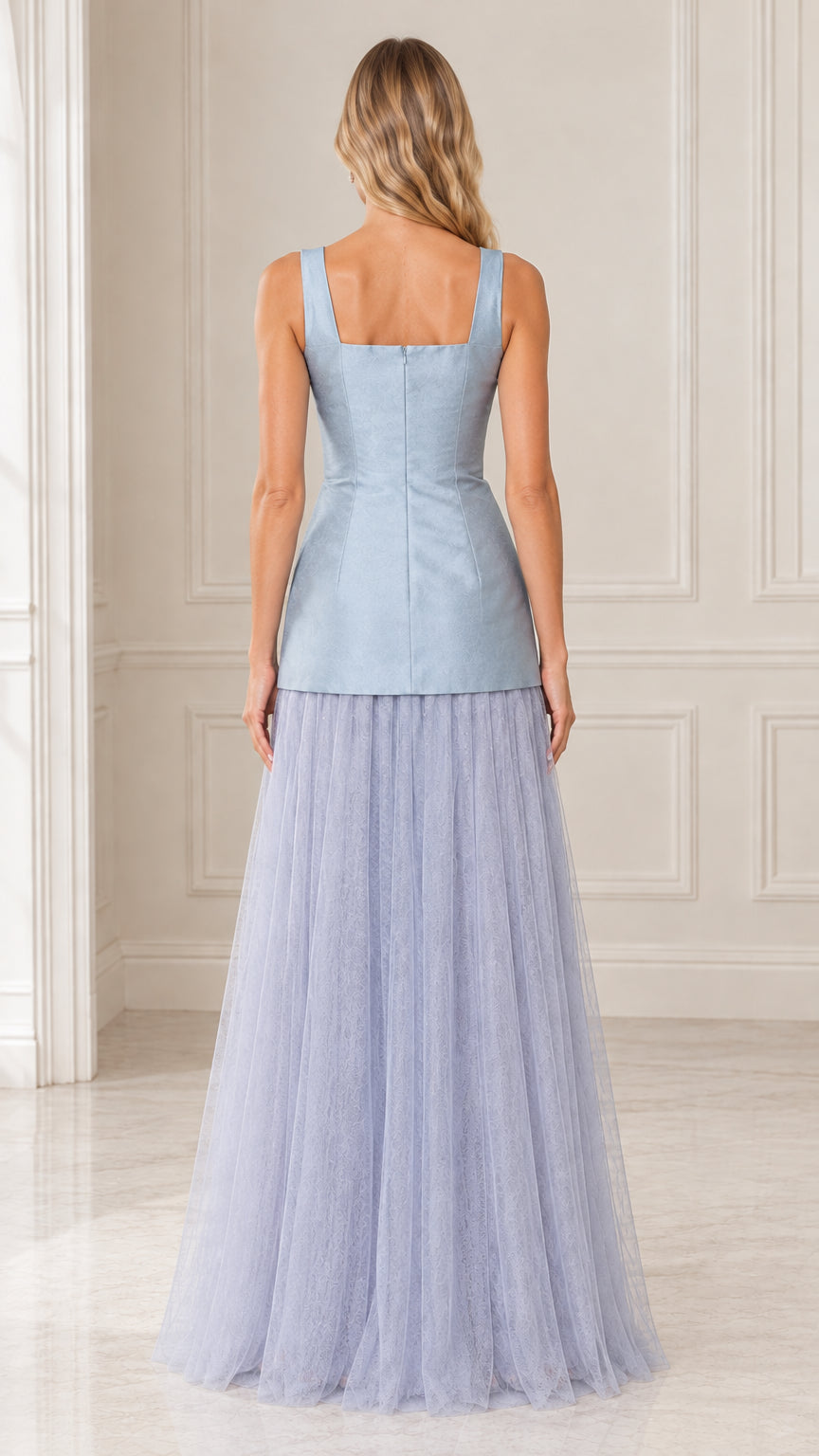 Back view of model wearing Light Blue square neck evening gown with tulle skirt