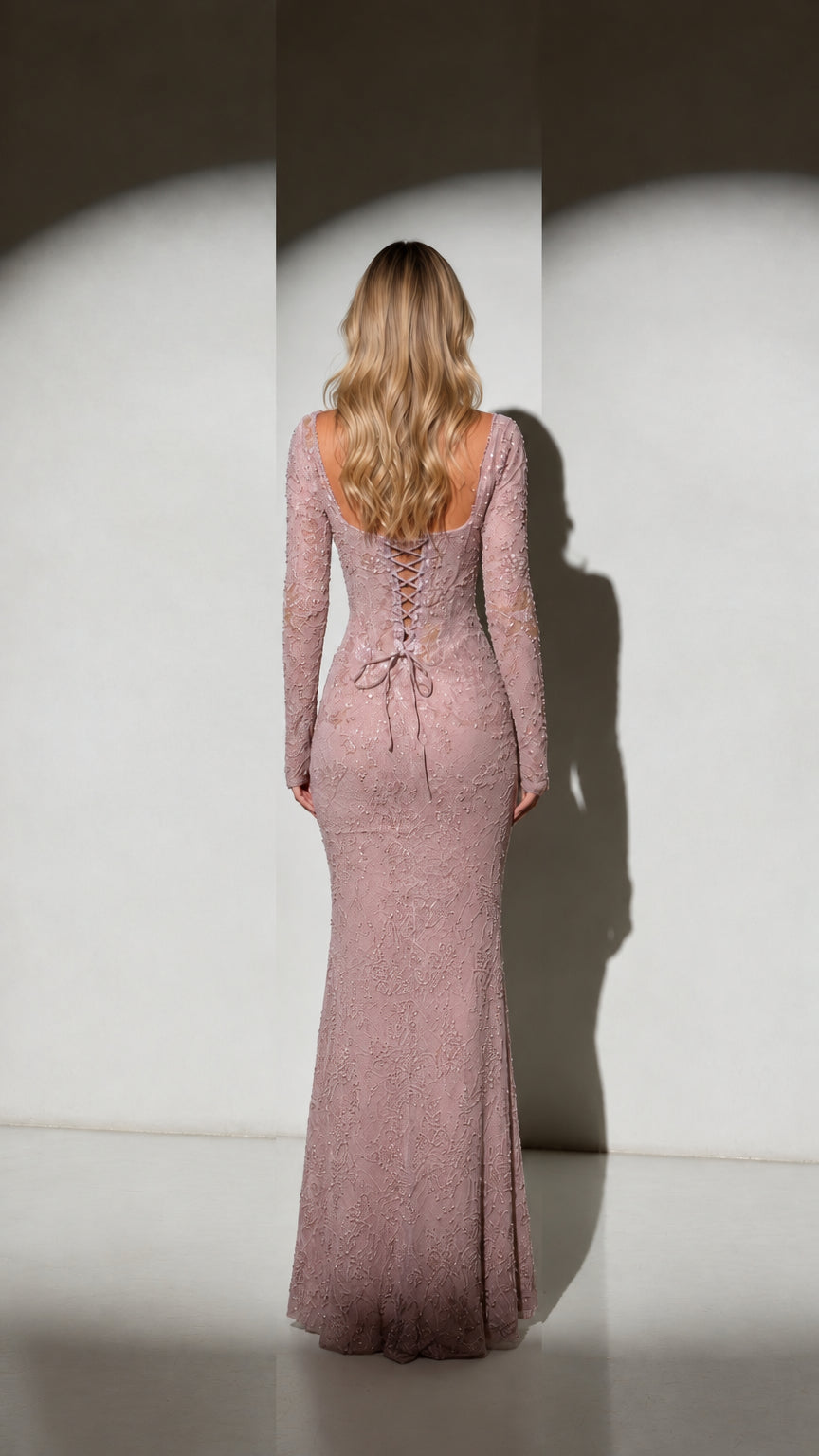 Dusty Rose lace evening dress back view showing lace-up corset detail