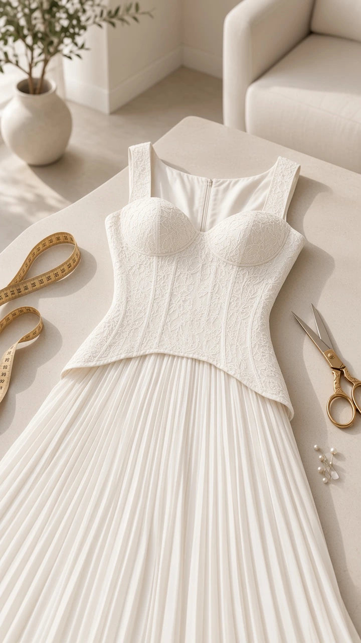 Flatlay detail of white textured corset bodice and pleated skirt