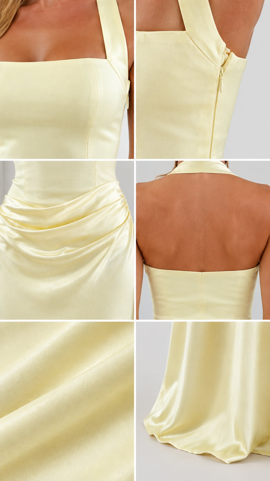 Close-up details of neckline, side zipper, ruched waist, and fabric texture on yellow dress