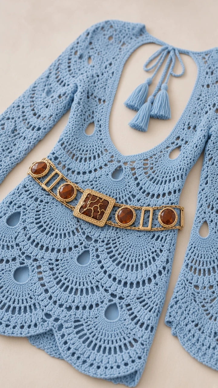 Close-up flat lay of light blue crochet mini dress texture and tassel tie back