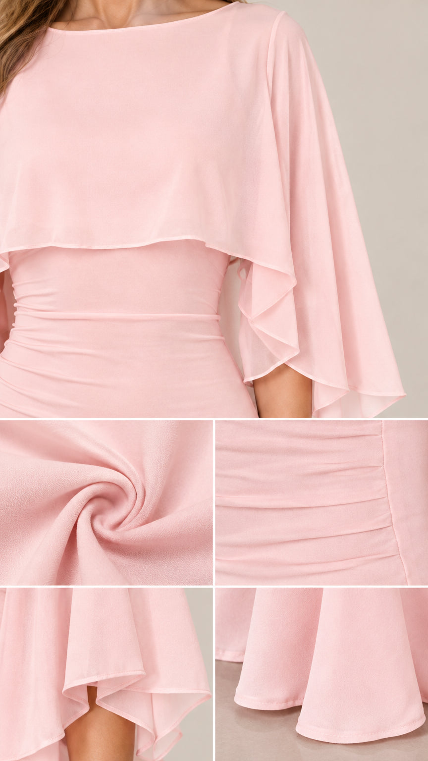 Close-up details of fabric texture, boat neckline capelet, and waist ruching
