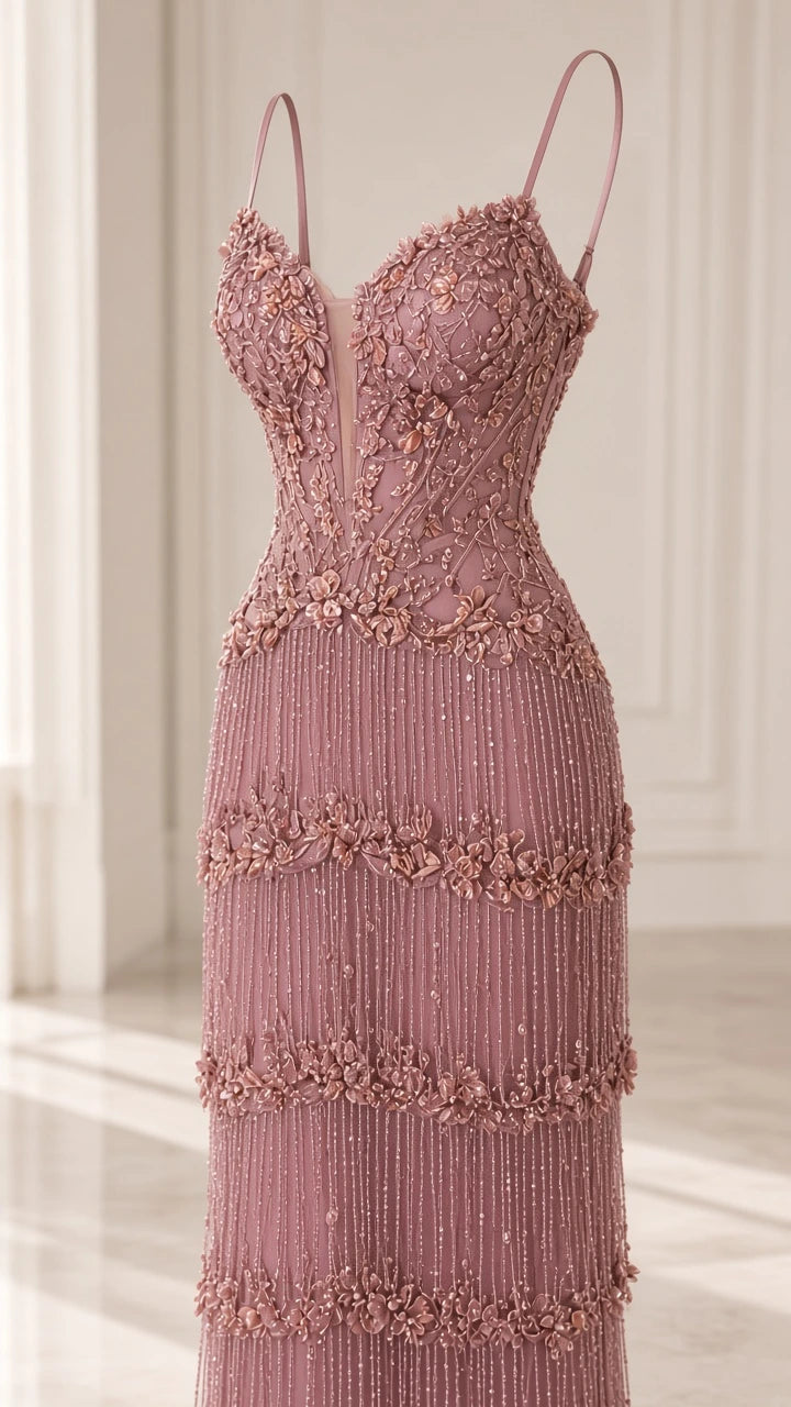 Detailed close-up view of Dusty Rose embellished bodice and sheer illusion plunge neckline