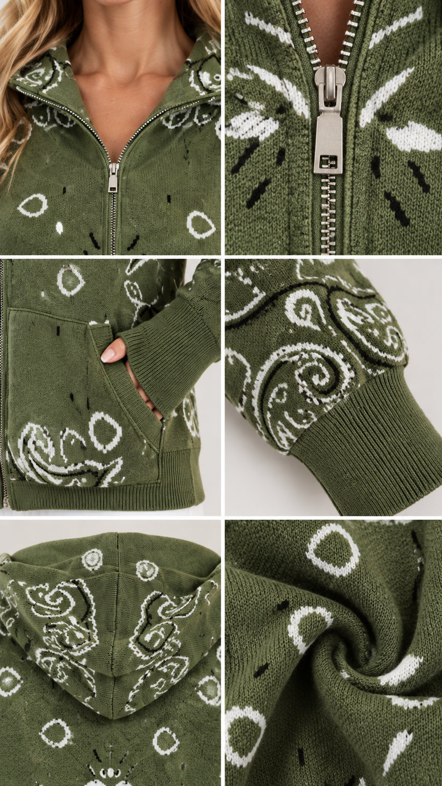 Close-up details of olive green knit hoodie zipper, pocket, ribbed cuff, hood, and fabric texture