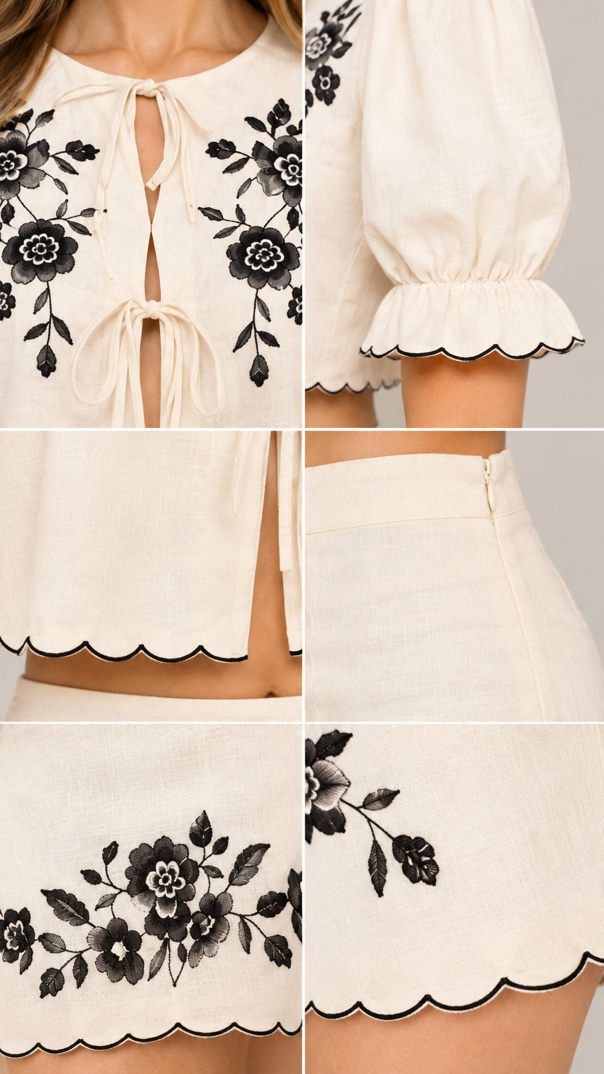 Detailed close-up collage of embroidery, tie-front closure, puff sleeve, and scalloped hem