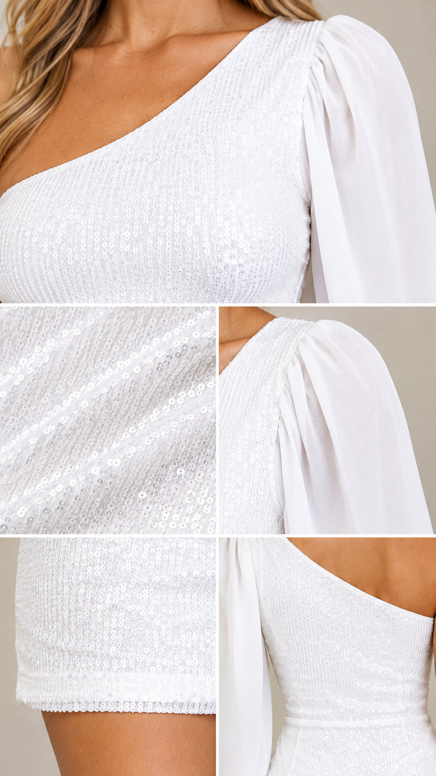 Detailed close-up collage of sequin fabric, sheer sleeve, and neckline construction