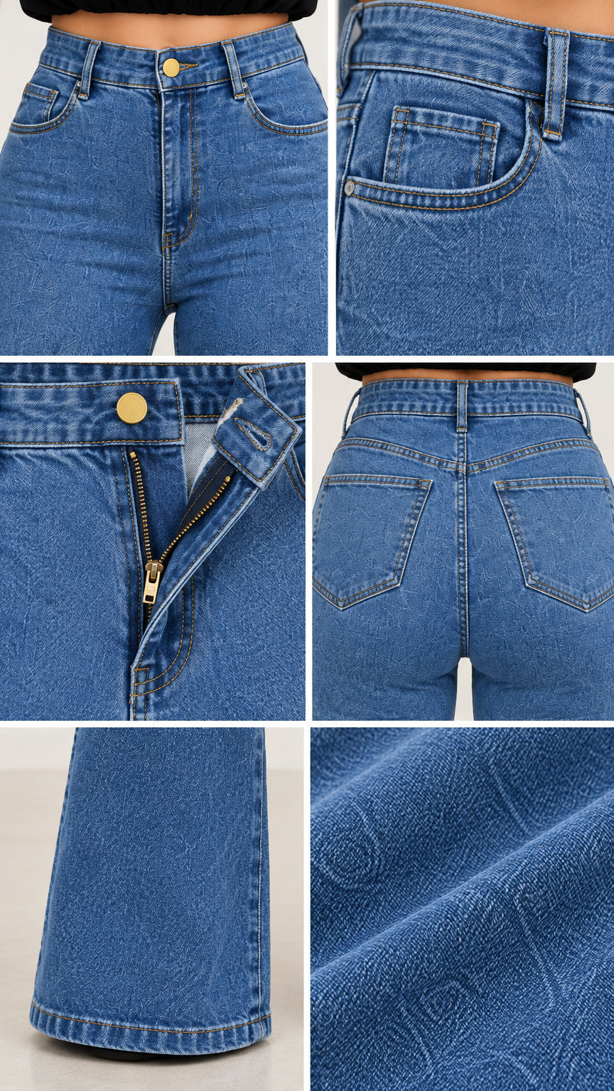 Close-up detail collage showing denim waistband, front zipper fly, back pockets, and flare hem