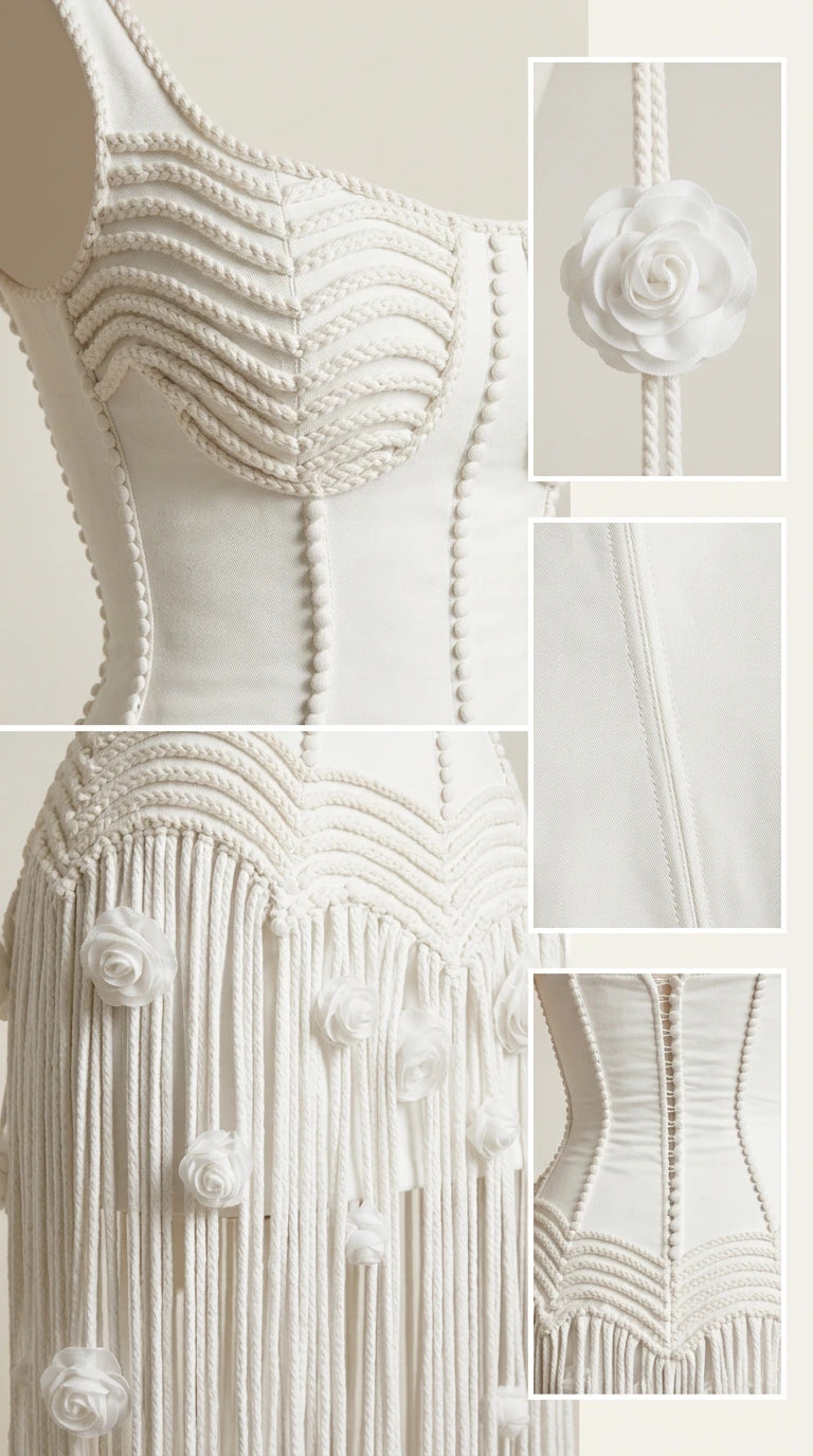 Close-up detail collage of corded bodice texture, fabric rosette, and rear structure