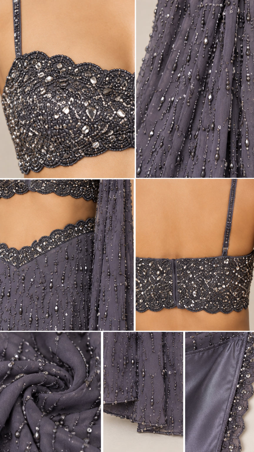 Close-up detail collage of scalloped bustier, beadwork, waistline, and hem lining