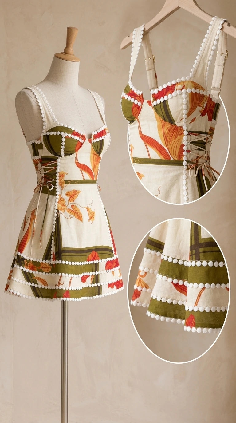 Mannequin detail shots highlighting the corset cups, side waist ties, and tiered pom-pom trim