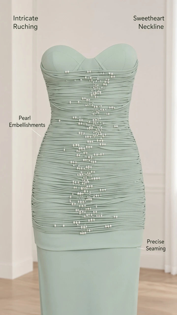 Close-up detail of sweetheart neckline, horizontal ruching, and pearl embellishments on sage green gown