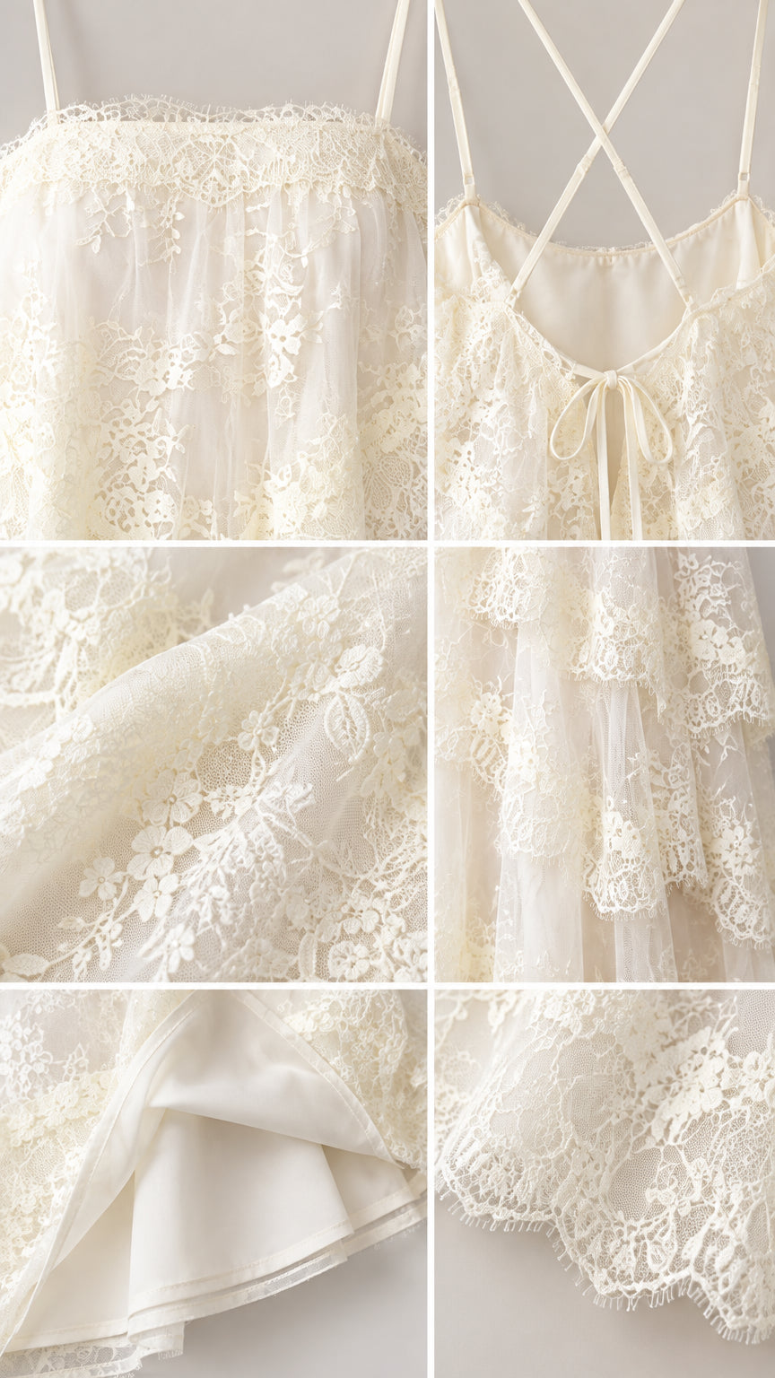Close-up details of floral lace pattern, tie-back fastening, scalloped hem, and smooth inner lining