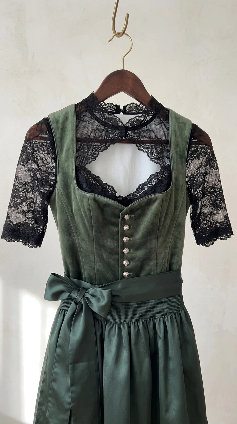 Close-up of Emerald Green velvet dirndl on hanger highlighting ornate buttons and lace cutout neckline