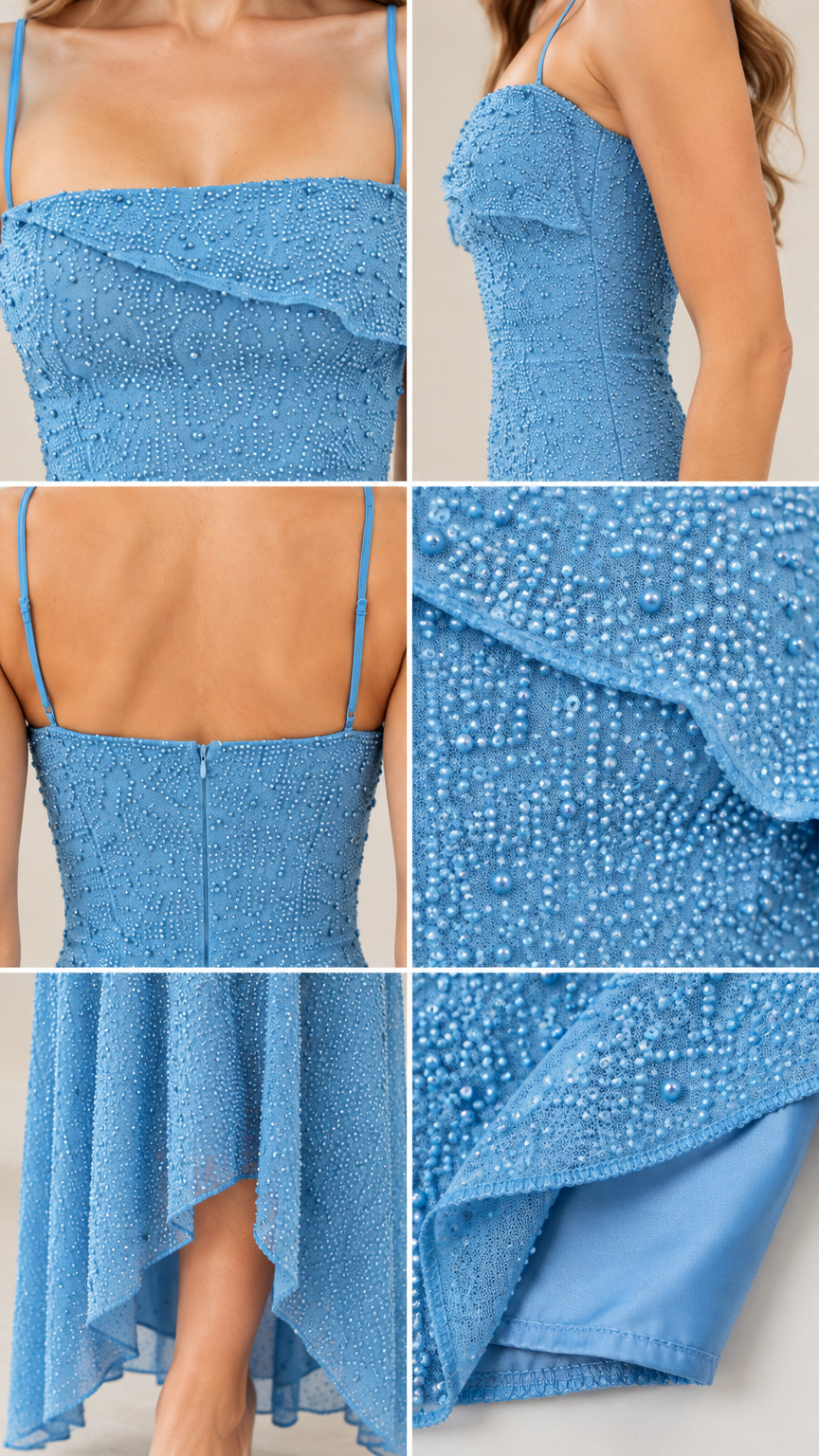 Close-up details of beaded neckline texture, back zipper, and hemline finish