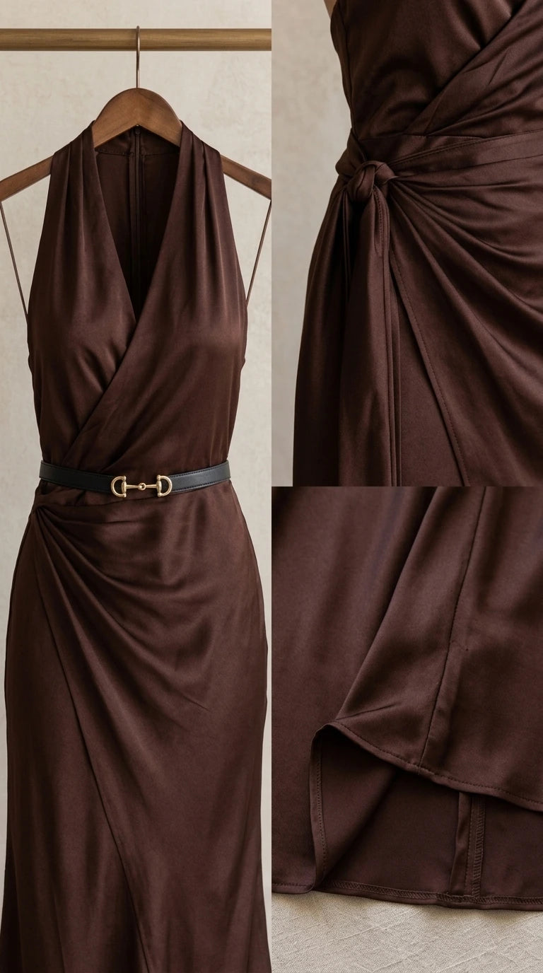 Close-up details of chocolate brown halter neck wrap dress bodice and side drape fabric