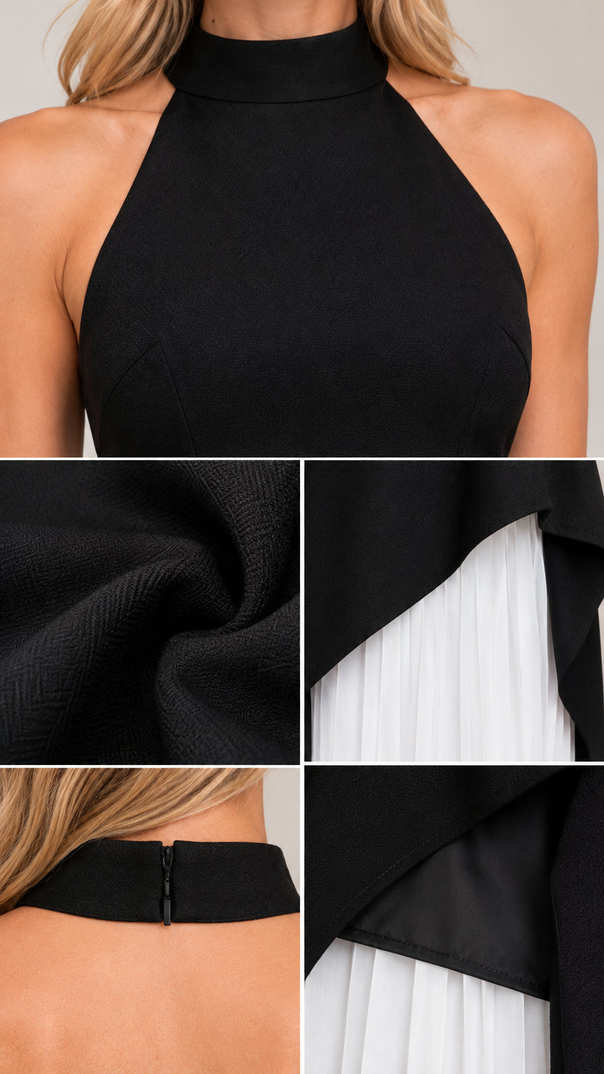 Close-up detail collage showing halter neckline, woven fabric texture, hem finish, and neck closure