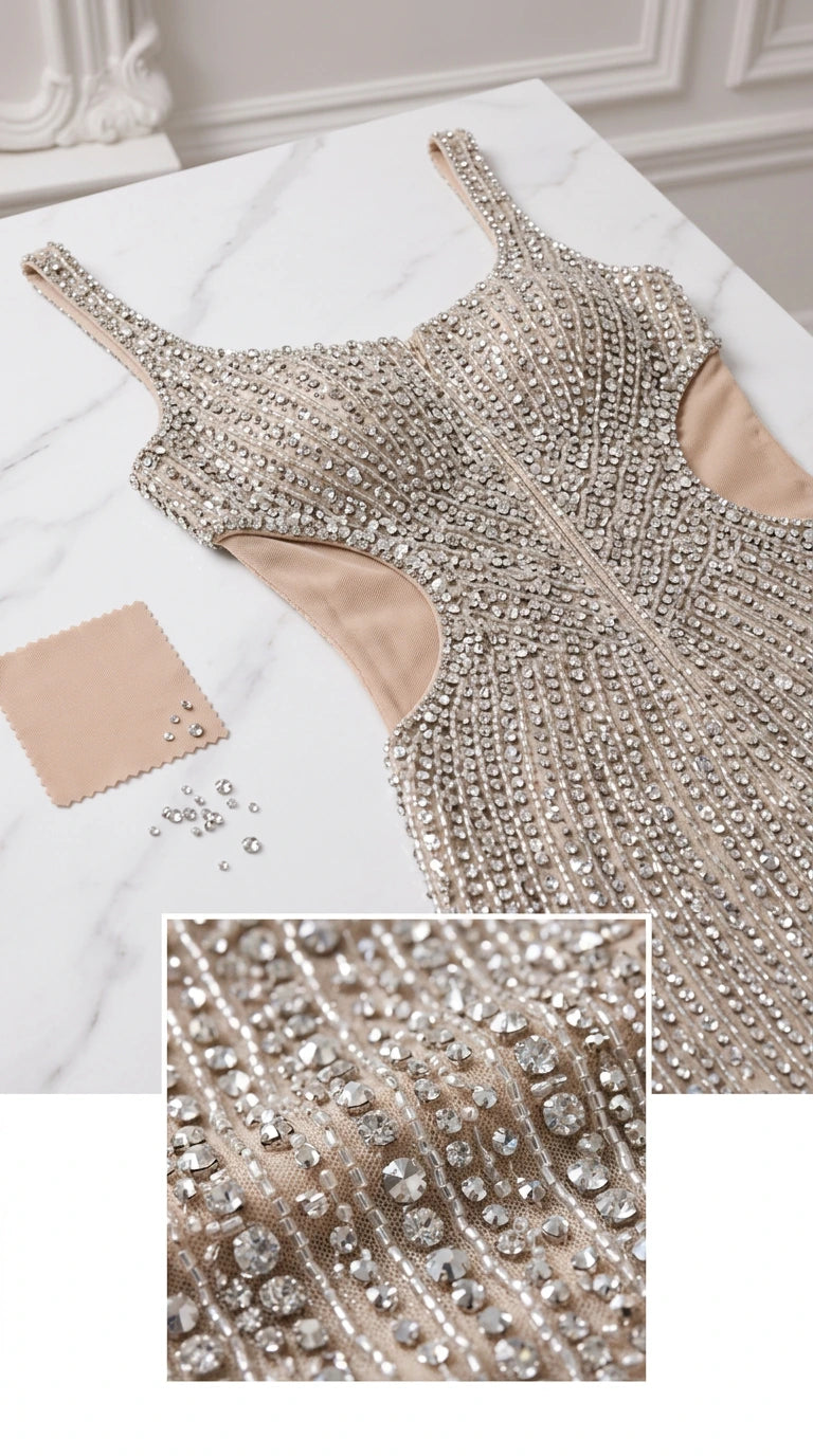 Close-up detail of rhinestone embellishments and cutout edge construction