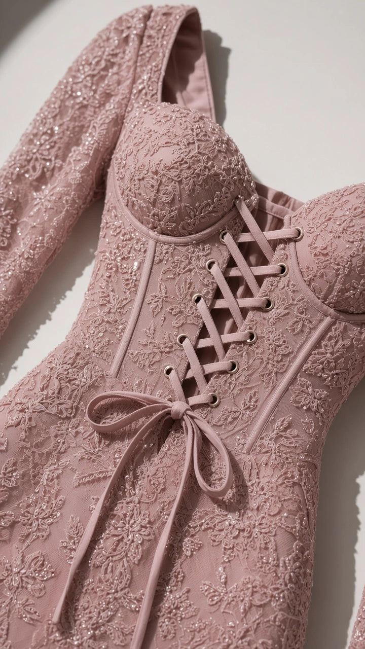 Close-up of Dusty Rose structured corset lace-up back and floral lace