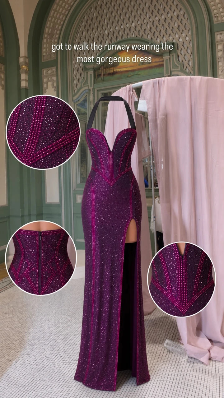 Detailed product panel showing Plum Purple embellished gown with neckline, slit, and back zip close-ups