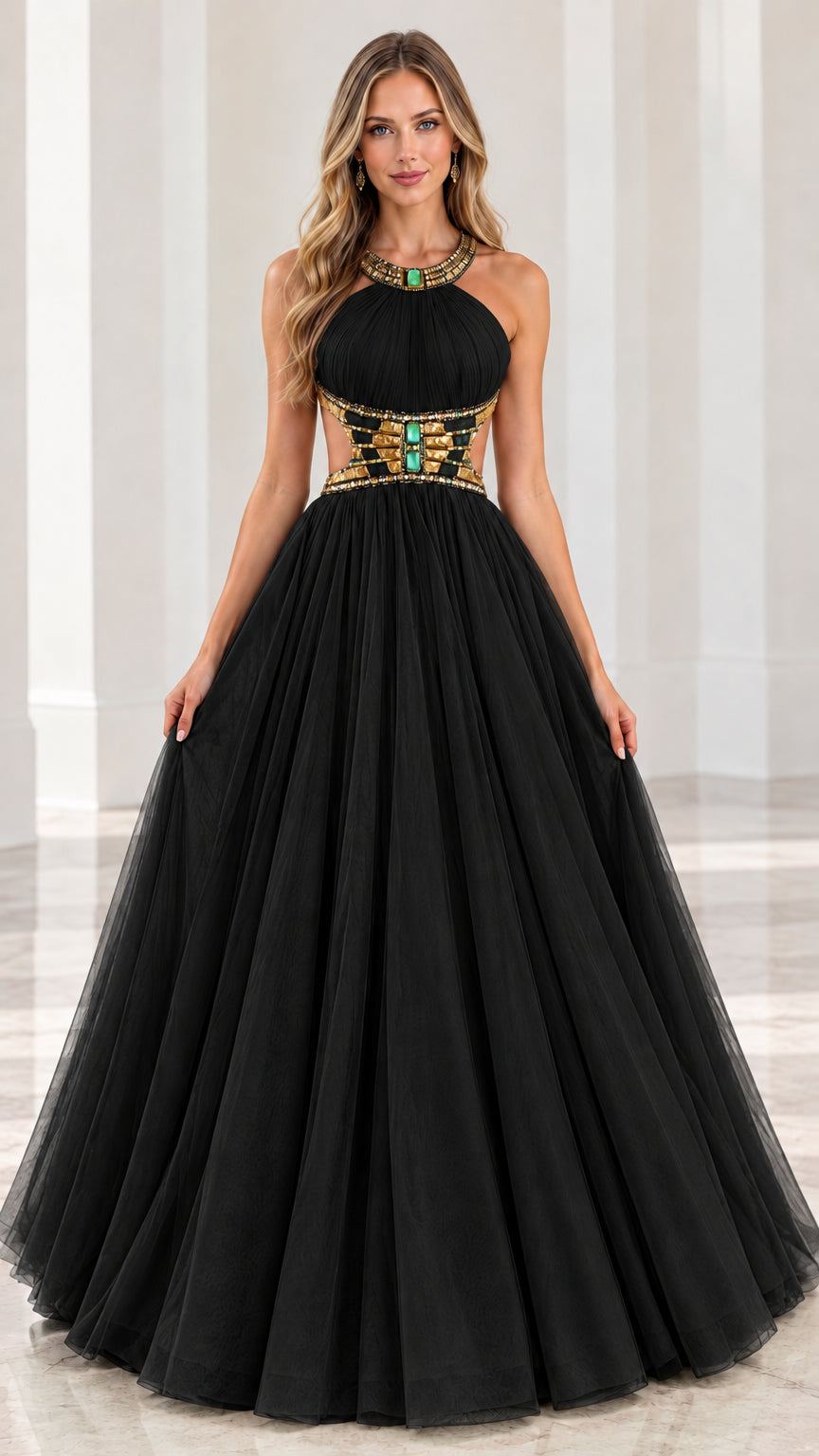 Front view of black halter neck beaded tulle formal evening gown