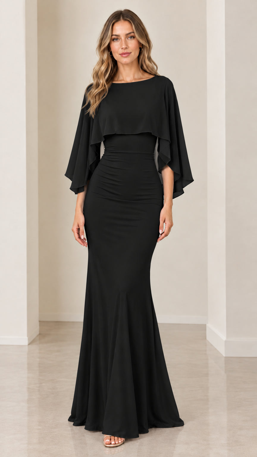 Black chiffon capelet mermaid maxi evening dress front view