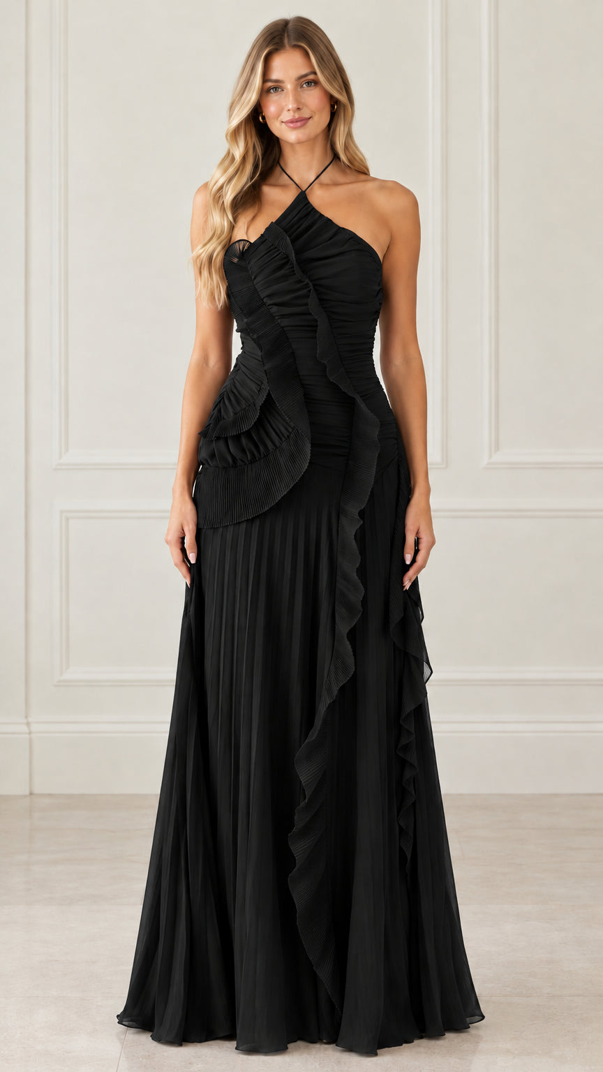 Front view of black halter neck pleated tiered ruffle maxi dress