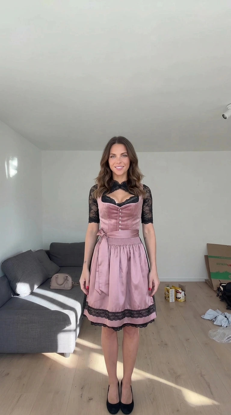 Front view of model wearing Dusty Rose velvet dirndl dress set with black lace underlay