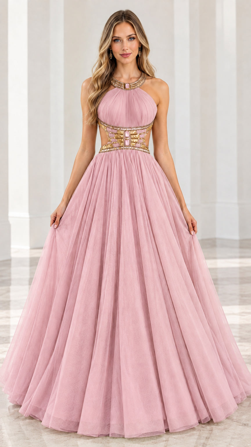 Front view of blush pink halter neck embellished cutout tulle evening dress