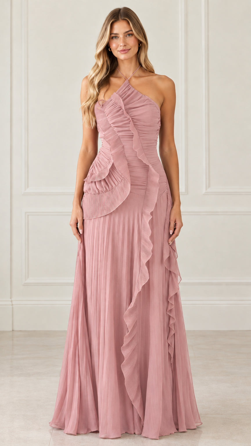 Front view of dusty pink halter neck pleated ruffle evening gown
