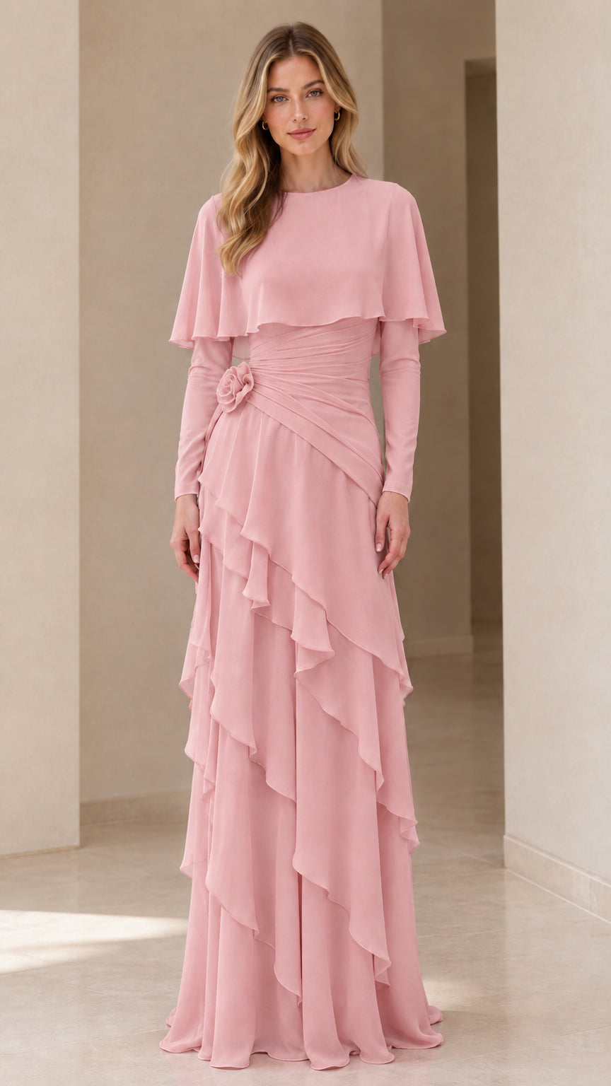 Full-length front view of the capelet tiered evening maxi dress in dusty pink