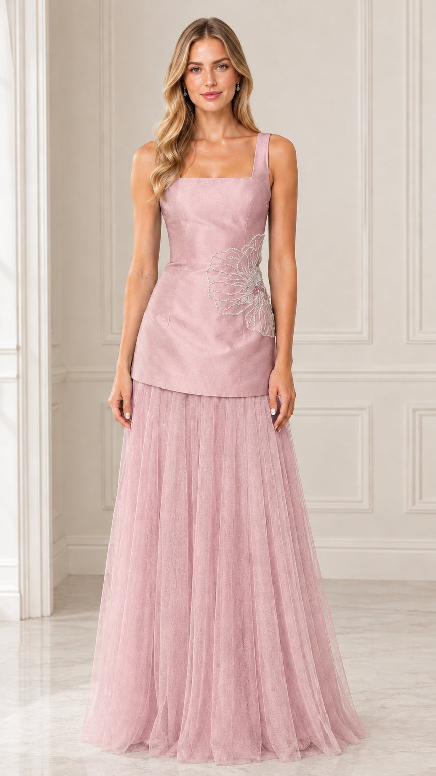 Front view of model wearing Dusty Pink embroidered drop waist tulle evening gown