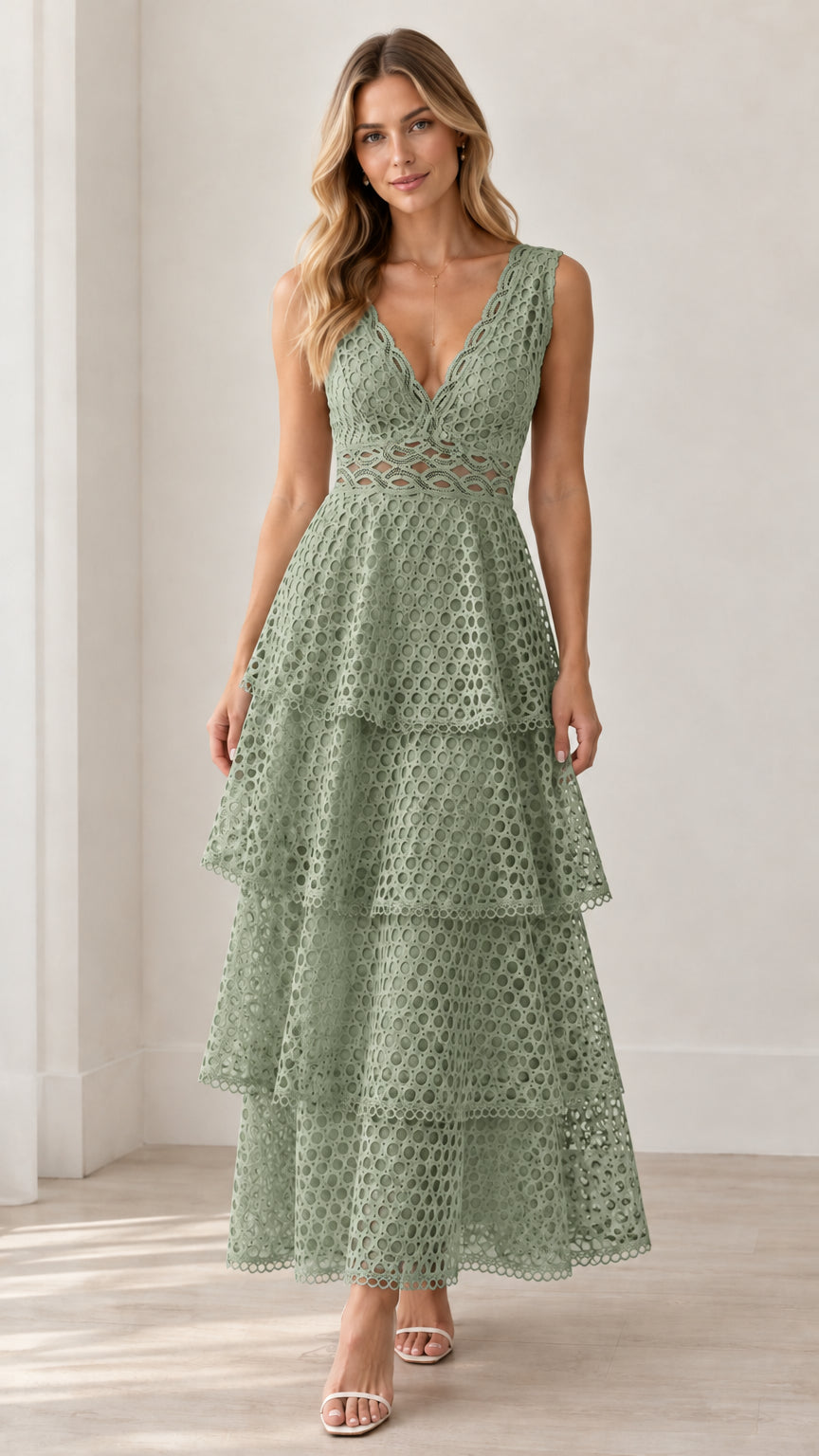 Front view of model wearing Sage Green sleeveless tiered lace V-neck maxi dress