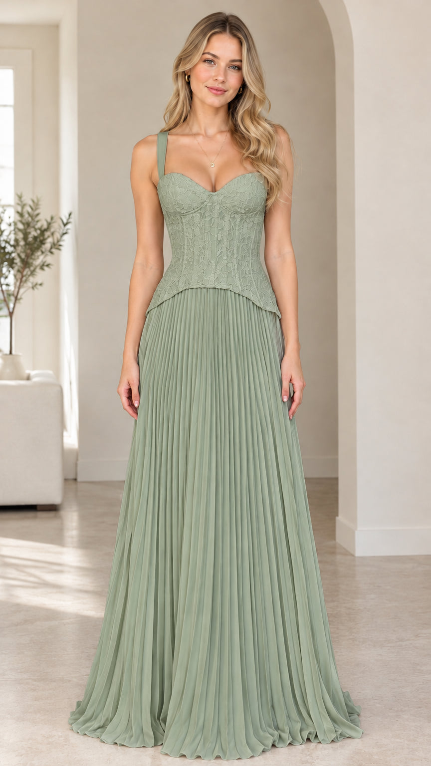 Front view of model wearing sage green sweetheart corset pleated maxi dress