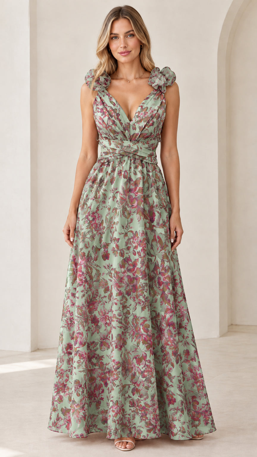 Sage green floral sleeveless maxi gown with A-line skirt