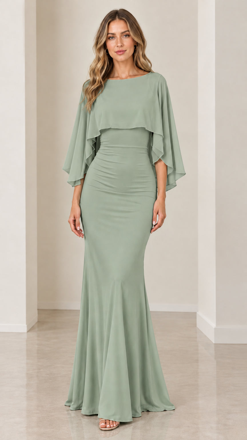 Sage green chiffon capelet ruched mermaid formal gown front view